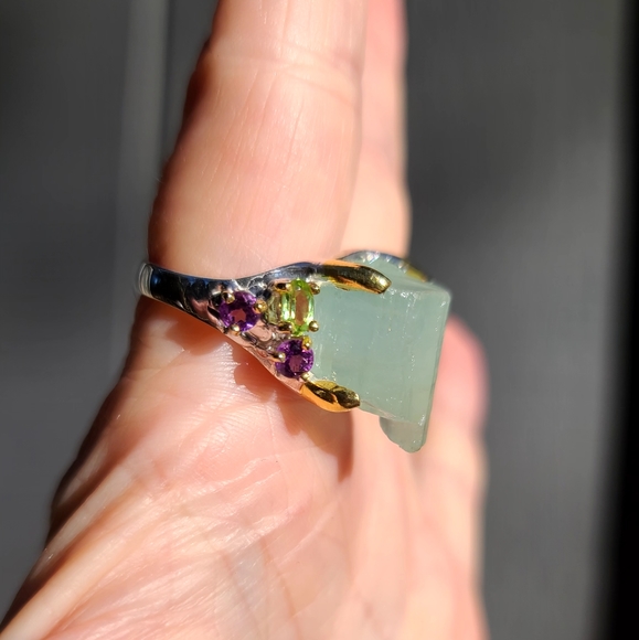 HUGE 30k Aquamarine RAW uncut w/Peridot & Amethyst Sterling &gold ring sz9 - Picture 3 of 9